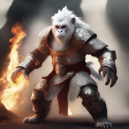 A semi-realistic digital art image depicting a raging white monkey in a burning, battered armor, portrayed as a wandering warrior in an epic battle