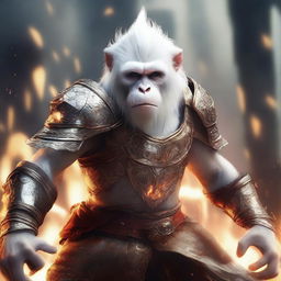 A semi-realistic digital art image depicting a raging white monkey in a burning, battered armor, portrayed as a wandering warrior in an epic battle