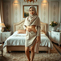 An artistic portrayal of a Thai Muslim girl, with her hijab elegantly draped to cover only her face, standing gracefully on a plush carpet in a tastefully decorated bedroom