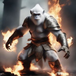 A semi-realistic digital art image depicting a raging white monkey in a burning, battered armor, portrayed as a wandering warrior in an epic battle