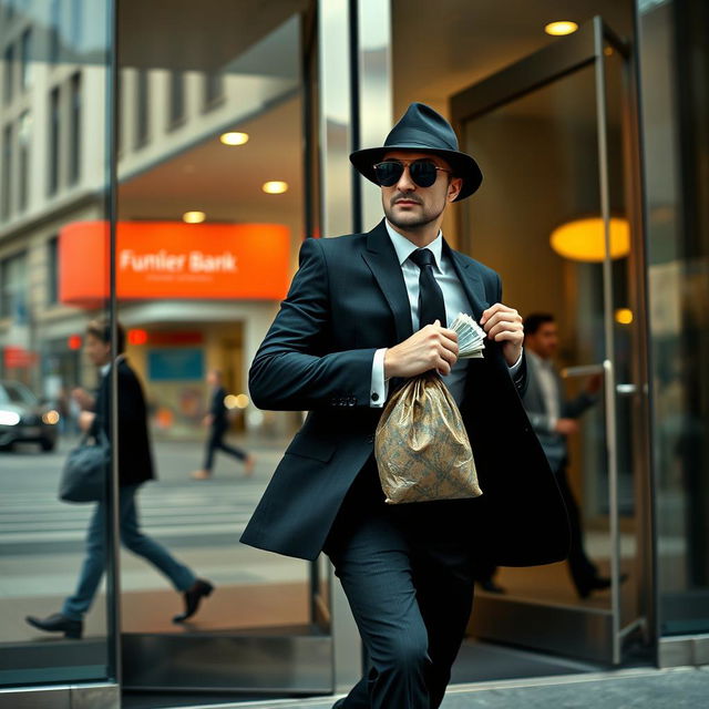 A lone man dressed in a sleek black suit, wearing sunglasses and a fedora, hurriedly exiting a modern bank with a confident stride