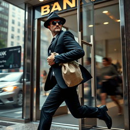A lone man dressed in a sleek black suit, wearing sunglasses and a fedora, hurriedly exiting a modern bank with a confident stride