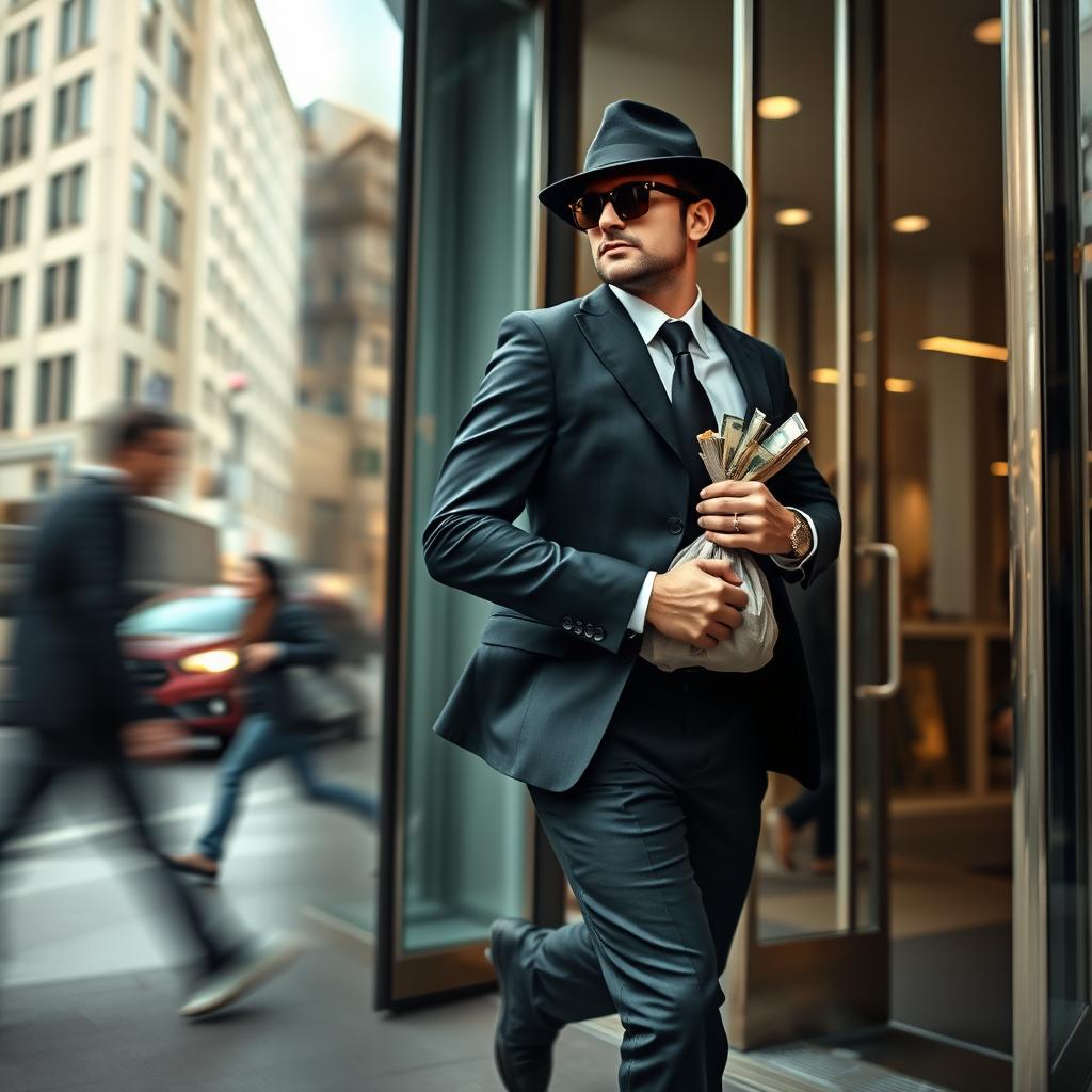 A lone man dressed in a sleek black suit, wearing sunglasses and a fedora, hurriedly exiting a modern bank with a confident stride