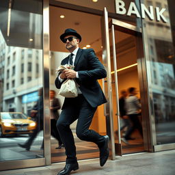 A lone man dressed in a sleek black suit, wearing sunglasses and a fedora, hurriedly exiting a modern bank with a confident stride