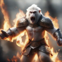 A semi-realistic digital art image illustrating a white monkey in a burning, battered armor, screaming in rage as a wandering warrior in the midst of an epic battle