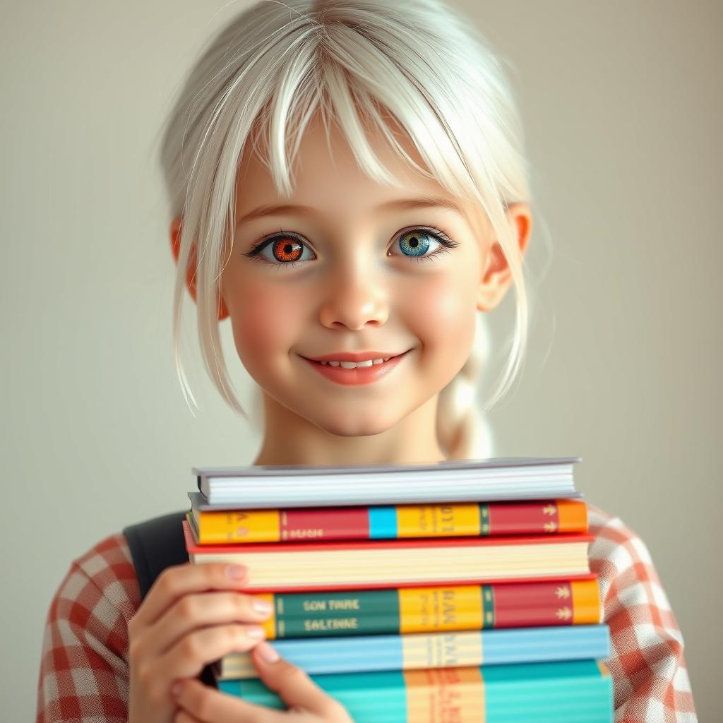 A hyper-realistic portrait of a cute 18-year-old girl with striking white hair, one red eye and one blue eye