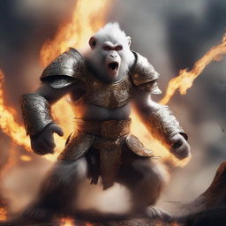 A semi-realistic digital art image illustrating a white monkey in a burning, battered armor, screaming in rage as a wandering warrior in the midst of an epic battle