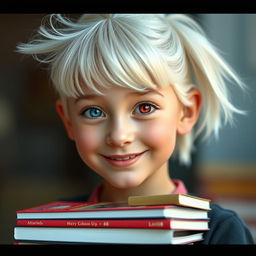 A hyper-realistic portrait of a cute 18-year-old girl with striking white hair, one red eye and one blue eye