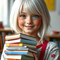 A hyper-realistic portrait of a cute 18-year-old girl with striking white hair, one red eye and one blue eye