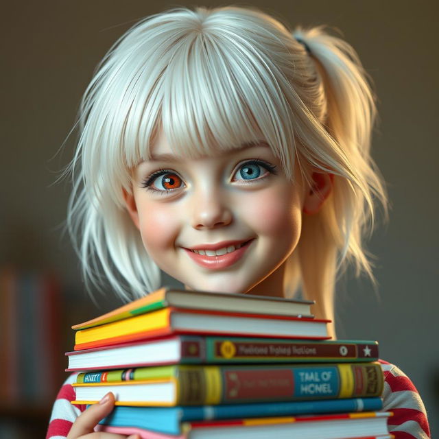 A hyper-realistic portrait of a cute 18-year-old girl with striking white hair, one red eye and one blue eye