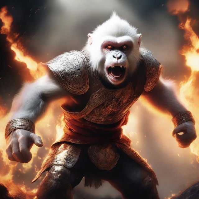 A semi-realistic digital art image illustrating a white monkey in a burning, battered armor, screaming in rage as a wandering warrior in the midst of an epic battle