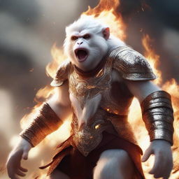 A semi-realistic digital art image illustrating a white monkey in a burning, battered armor, screaming in rage as a wandering warrior in the midst of an epic battle