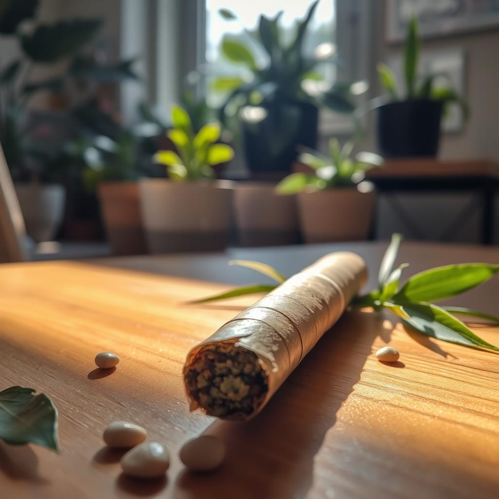 A beautifully rolled joint resting on a natural wooden table adorned with green leaves and small pebbles, sunlight filtering through a window, casting gentle shadows