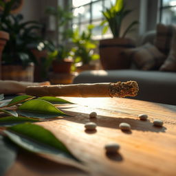 A beautifully rolled joint resting on a natural wooden table adorned with green leaves and small pebbles, sunlight filtering through a window, casting gentle shadows