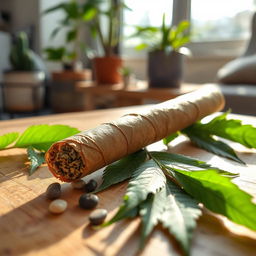 A beautifully rolled joint resting on a natural wooden table adorned with green leaves and small pebbles, sunlight filtering through a window, casting gentle shadows