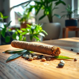 A beautifully rolled joint resting on a natural wooden table adorned with green leaves and small pebbles, sunlight filtering through a window, casting gentle shadows