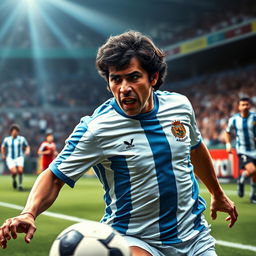A dynamic and intense portrait of Diego Maradona, the legendary Argentine football player, captured during a thrilling match
