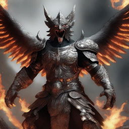 A semi-realistic digital art image illustrating a Garuda, a mythical bird-like creature, in a burning, battered armor, screaming in rage as a wandering warrior in the midst of an epic battle