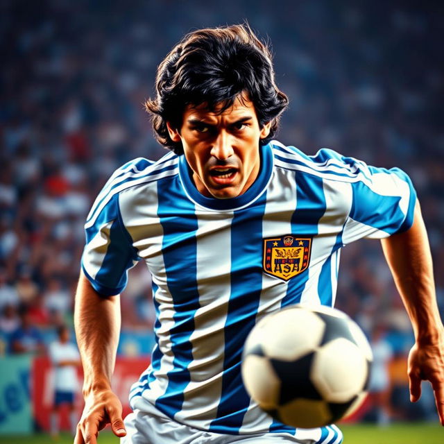 A dynamic and intense portrait of Diego Maradona, the legendary Argentine football player, captured during a thrilling match