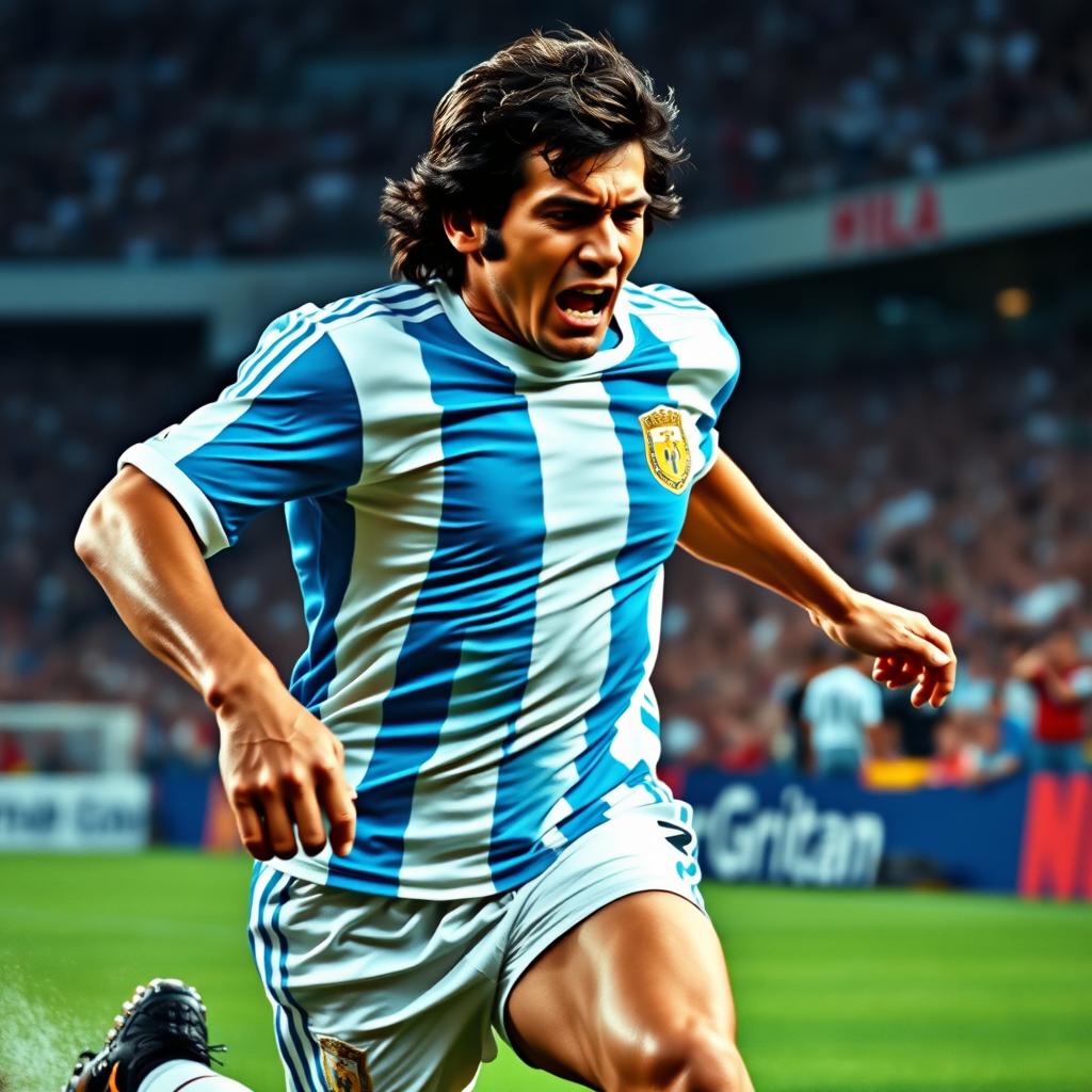 A dynamic and intense portrait of Diego Maradona, the legendary Argentine football player, captured during a thrilling match