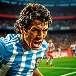 A dynamic and intense portrait of Diego Maradona, the legendary Argentine football player, captured during a thrilling match