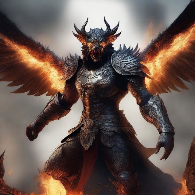 A semi-realistic digital art image illustrating a Garuda, a mythical bird-like creature, in a burning, battered armor, screaming in rage as a wandering warrior in the midst of an epic battle