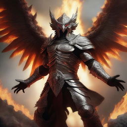 A semi-realistic digital art image illustrating a Garuda, a mythical bird-like creature, in a burning, battered armor, screaming in rage as a wandering warrior in the midst of an epic battle