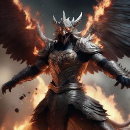 A semi-realistic digital art image illustrating a Garuda, a mythical bird-like creature, in a burning, battered armor, screaming in rage as a wandering warrior in the midst of an epic battle