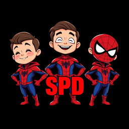 Three cartoon-style superhero characters inspired by Spider-Man, each presented in their own vertical panel