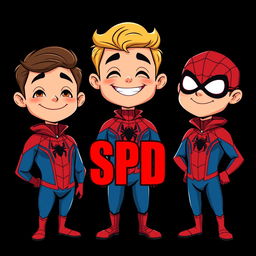 Three cartoon-style superhero characters inspired by Spider-Man, each presented in their own vertical panel