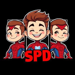 Three cartoon-style superhero characters inspired by Spider-Man, each presented in their own vertical panel