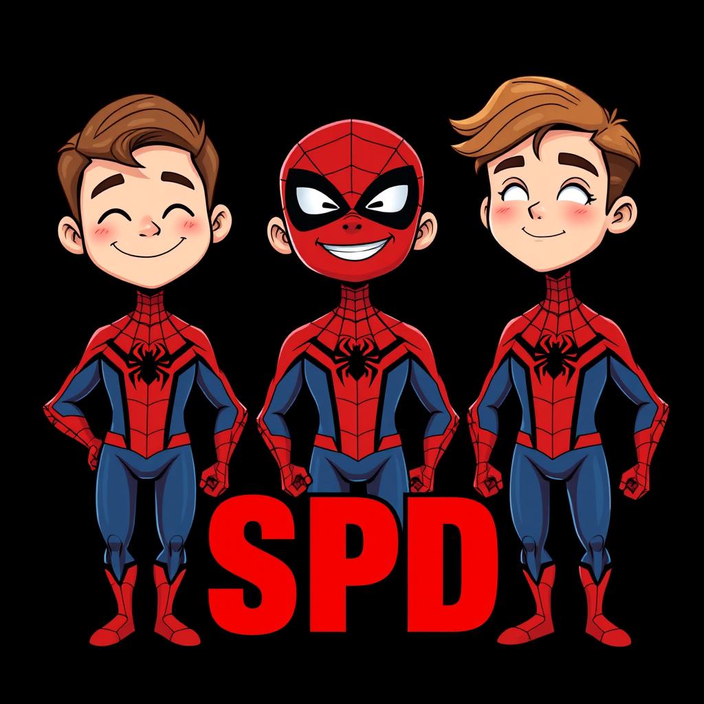 Three cartoon-style superhero characters inspired by Spider-Man, each presented in their own vertical panel