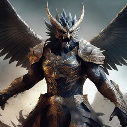 A semi-realistic digital art image illustrating a Garuda, a mythical bird-like creature, in a battered armor, screaming in rage as a wandering warrior in the midst of an epic battle