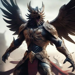 A semi-realistic digital art image illustrating a Garuda, a mythical bird-like creature, in a battered armor, screaming in rage as a wandering warrior in the midst of an epic battle