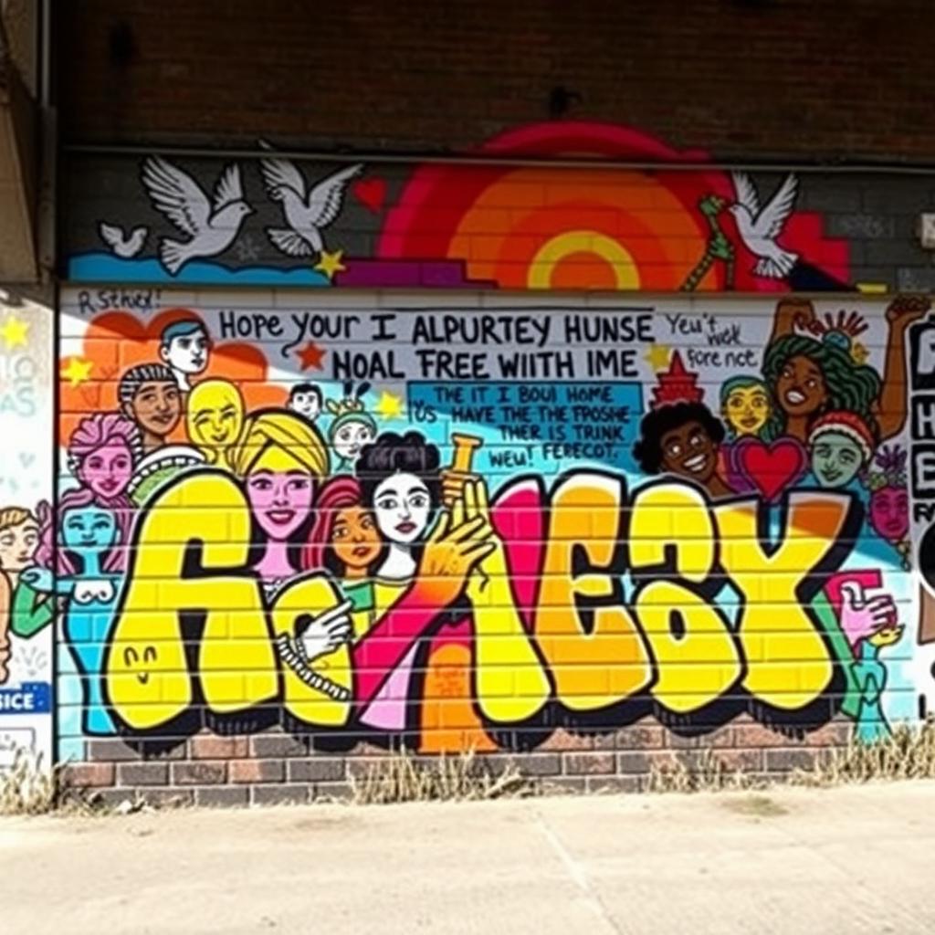 A vibrant and colorful graffiti mural that embodies values of community, society, freedom, and reflection