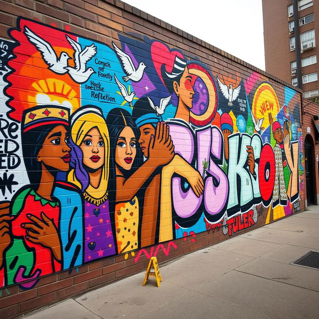 A vibrant and colorful graffiti mural that embodies values of community, society, freedom, and reflection