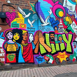 A vibrant and colorful graffiti mural that embodies values of community, society, freedom, and reflection