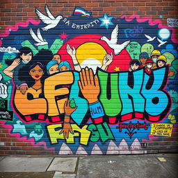 A vibrant and colorful graffiti mural that embodies values of community, society, freedom, and reflection
