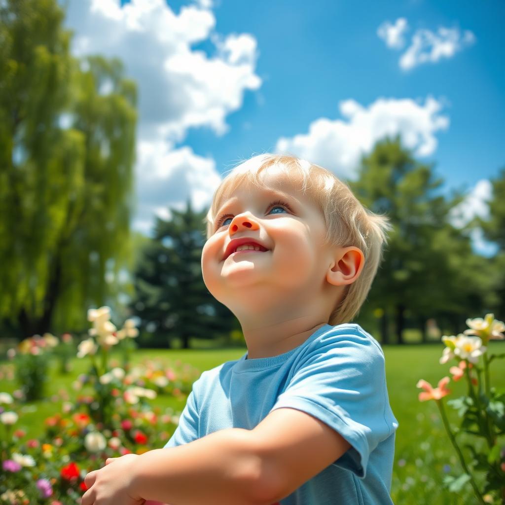 A young blond boy looking up at a bright blue sky filled with fluffy white clouds, his face filled with wonder and curiosity
