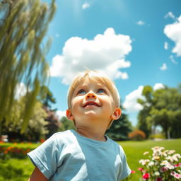 A young blond boy looking up at a bright blue sky filled with fluffy white clouds, his face filled with wonder and curiosity