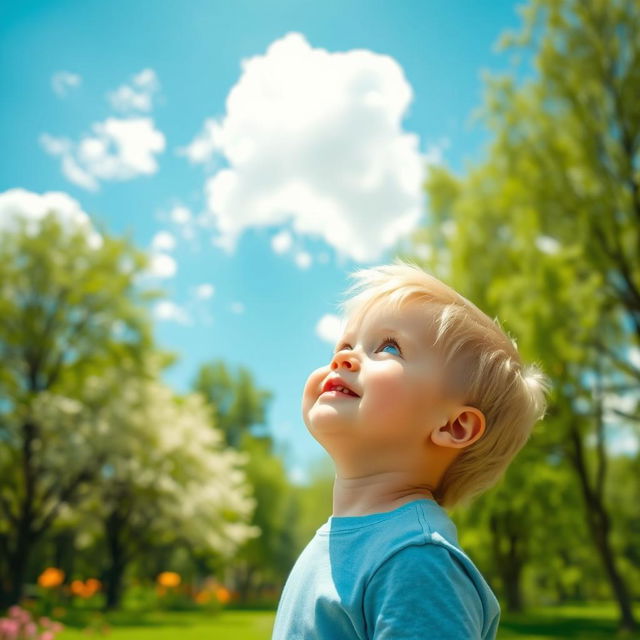 A young blond boy looking up at a bright blue sky filled with fluffy white clouds, his face filled with wonder and curiosity