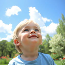 A young blond boy looking up at a bright blue sky filled with fluffy white clouds, his face filled with wonder and curiosity