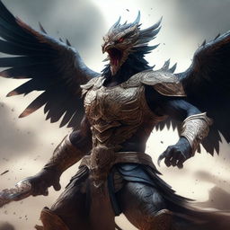 A semi-realistic digital art image illustrating a Garuda, a mythical bird-like creature, in a battered armor, screaming in rage as a wandering warrior in the midst of an epic battle