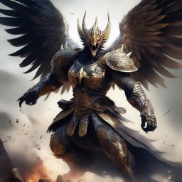 A semi-realistic digital art image illustrating a Garuda, a mythical bird-like creature, in a battered armor, screaming in rage as a wandering warrior in the midst of an epic battle