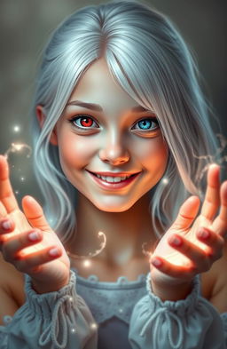 A realistic portrait of a beautiful 18-year-old girl with striking white hair, one bright red eye, and one vivid blue eye, smiling warmly