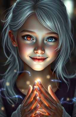 A realistic portrait of a beautiful 18-year-old girl with striking white hair, one bright red eye, and one vivid blue eye, smiling warmly