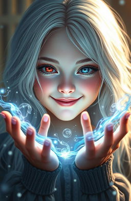 A realistic portrait of a beautiful 18-year-old girl with striking white hair, one bright red eye, and one vivid blue eye, smiling warmly