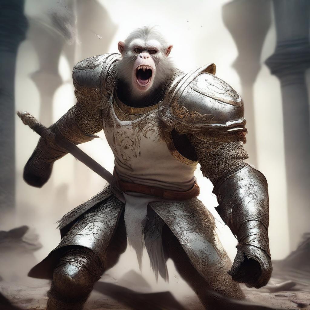 A semi-realistic digital art image illustrating a white monkey knight, in a battered armor, screaming in rage as a wandering warrior in the midst of an epic battle