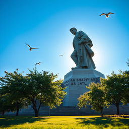 A stunning view of the Shahriyar statue in Tabriz, captured in motion, showcasing the grand scale of the statue against a clear blue sky
