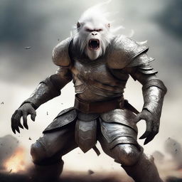 A semi-realistic digital art image illustrating a white monkey knight, in a battered armor, screaming in rage as a wandering warrior in the midst of an epic battle